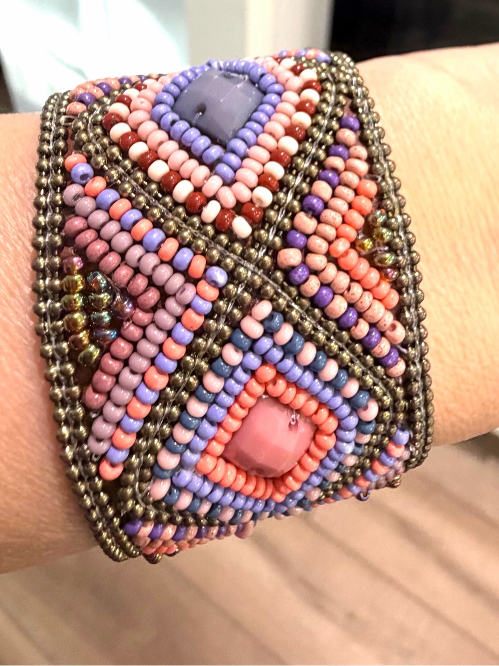 Vintage Boho Leather Beaded  Tribal Cuff Bracelet • Geometric Tribal Statement 7